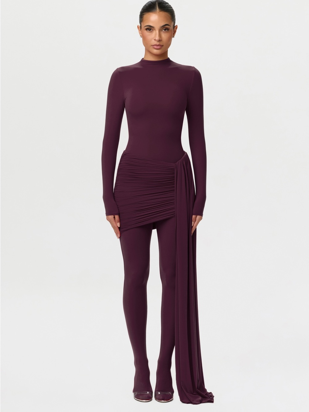 Naked Wardrobe Ruched Drape Mini Skirt in Dark Plum Purple Size M Waterfall Sash